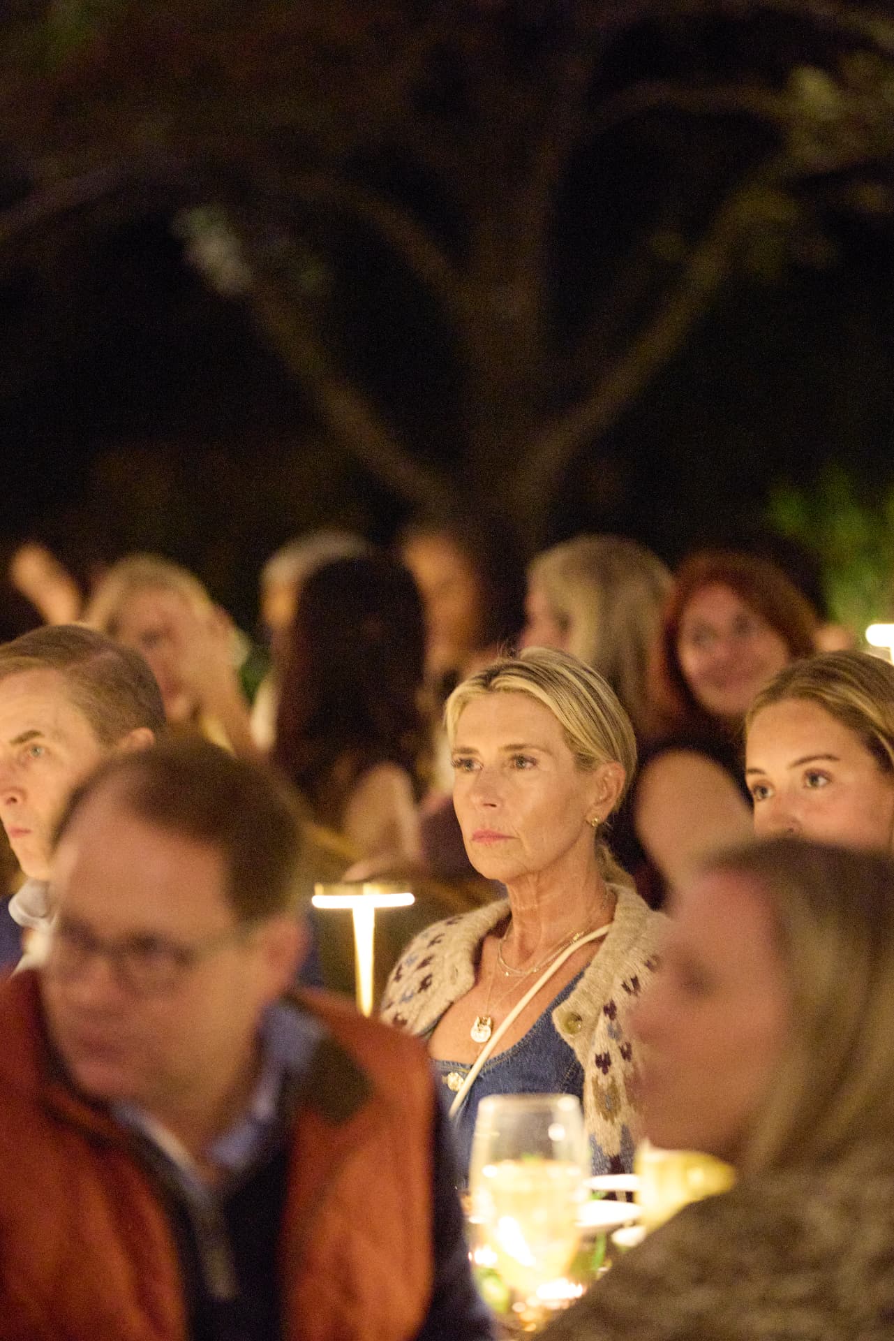 Guests listening intently at dinner