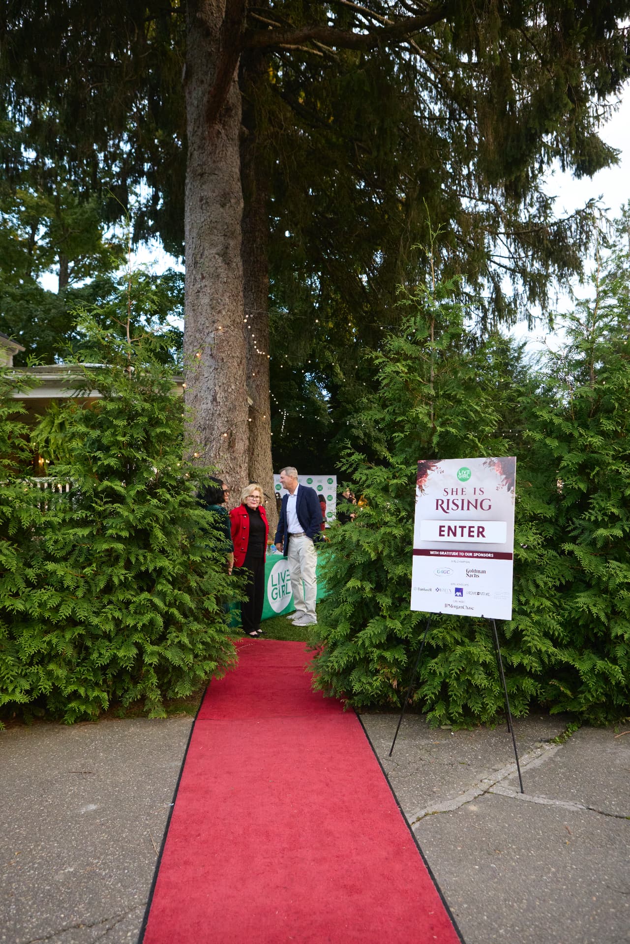 Guests arriving along the red carpet beneath the trees