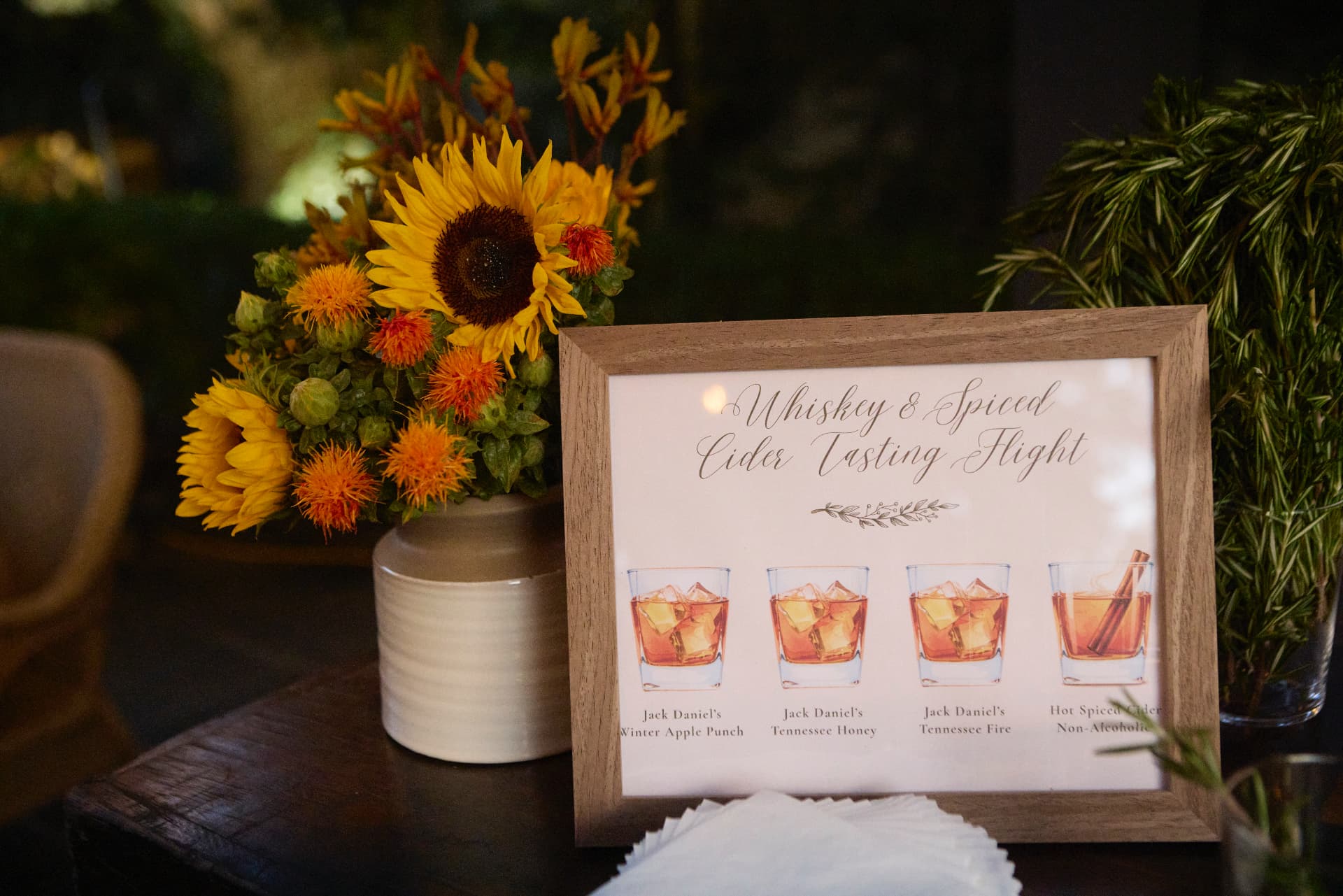 The Whiskey and Spiced Cider Tasting Flight sign